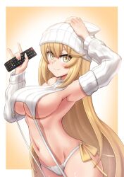 Rule 34 | 1girl, armpits, beanie, blonde hair, breasts, controller, detached sleeves, els (ljhlee12), garter straps, gradient background, hand on headwear, hat, highres, holding, holding remote control, korean commentary, large breasts, long hair, looking at viewer, meme attire, navel, panties, remote control, ribbed panties, ribbed sleeves, ribbed sweater, ribbed thighhighs, shokuhou misaki, side-tie panties, sideboob, simple background, sleeveless, sleeveless sweater, sleeveless turtleneck, smile, solo, sparkling eyes, stomach, sweater, thighs, toaru kagaku no mental out, toaru kagaku no railgun, toaru majutsu no index, turtleneck, turtleneck sweater, underboob, underwear, virgin destroyer sweater, white garter straps, white hat, white panties, white sweater, yellow eyes
