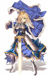 Rule 34 | 1girl, aqua eyes, armor, artoria pendragon (fate), blonde hair, breastplate, cape, crown, excalibur (fate/stay night), fate/grand order, fate (series), full body, gauntlets, glowing, glowing sword, glowing weapon, greaves, holding, holding sword, holding weapon, long hair, looking at viewer, md5 mismatch, saber (fate), shino (eefy), solo, standing, sword, weapon