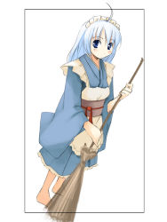 Rule 34 | 1girl, barefoot, broom, feet, female focus, full body, japanese clothes, jirou (chekoro), maid, simple background, solo, standing, wa maid, white background