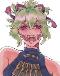 Rule 34 | 1girl, absurdres, bare shoulders, fangs, genshin impact, glasgow smile, green hair, hair between eyes, highres, kuki shinobu, no mask, open mouth, philanemo, ponytail, purple eyes, simple background, solo, teeth, upper body, white background