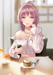 Rule 34 | 1girl, :d, ahoge, bad id, bad pixiv id, blurry, brown hair, cake, carrot cake, chair, collarbone, crop top, cup, depth of field, drinking glass, food, fork, frilled shirt, frills, hand up, holding, jewelry, lloule, long sleeves, looking at viewer, midriff, necklace, off-shoulder shirt, off shoulder, open mouth, original, plate, pov, pov hands, purple eyes, shirt, short hair, sidelocks, sitting, smile, solo, table, white shirt