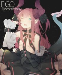 Rule 34 | 10s, 1girl, arm behind back, bad id, bad pixiv id, black background, black dress, blue eyes, blush, breasts, character name, copyright name, detached sleeves, dress, elizabeth bathory (fate), elizabeth bathory (fate/extra ccc), elizabeth bathory (first ascension) (fate), fate/extra, fate/extra ccc, fate/grand order, fate (series), hair ribbon, horns, long hair, mania (fd6060 60), medium breasts, one eye closed, open mouth, pink hair, pointy ears, ribbon, solo, tail, tears, two side up