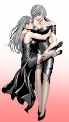 Rule 34 | 2girls, arms up, black dress, black socks, blush, closed mouth, dress, grey hair, hands up, hero killer, highres, hug, ihwa (hero killer), long hair, looking at another, multiple girls, official art, open mouth, red eyes, smile, socks, very long hair, white background