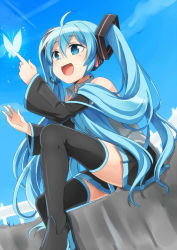 Rule 34 | 1girl, ahoge, aqua eyes, aqua hair, bug, butterfly, butterfly on hand, detached sleeves, hatsune miku, headset, insect, long hair, n39, necktie, open mouth, outdoors, sitting, skirt, solo, thighhighs, twintails, very long hair, vocaloid