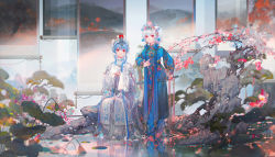 Rule 34 | 2girls, blue hair, chinese clothes, closed mouth, flower, hair ornament, hanging scroll, lily pad, mian lang, multiple girls, original, parted lips, pond, red eyes, rock, scroll, sheath, short hair with long locks, side ponytail, sitting, sword, tree, weapon, white hair