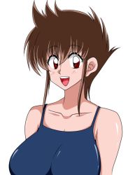 Rule 34 | 1girl, alternate breast size, bare shoulders, blue one-piece swimsuit, blush, breasts, brown eyes, brown hair, honoo no toukyuuji: dodge danpei, ichigeki haruka, large breasts, looking at viewer, mature female, one-piece swimsuit, shiny skin, short hair, simple background, smile, solo, swimsuit, upper body, white background, zefyu