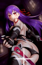Rule 34 | 1girl, ass, bandaged arm, bandages, bare shoulders, black panties, black thighhighs, blush, breasts, butt crack, cosplay, dimples of venus, fate/apocrypha, fate/grand order, fate/stay night, fate (series), gloves, jack the ripper (fate/apocrypha), jack the ripper (fate/apocrypha) (cosplay), kame kame happa, looking at viewer, looking back, matou sakura, open mouth, panties, purple hair, red eyes, smile, solo, thighhighs, underwear