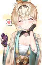 Rule 34 | 1girl, absurdres, black gloves, blonde hair, blush, breasts, chest sarashi, closed mouth, commentary request, facing viewer, fingerless gloves, food, gloves, hair ribbon, hand on own cheek, hand on own face, haori, heart, highres, holding, holding food, hololive, japanese clothes, kazama iroha, rappi, ribbon, sarashi, short hair, smile, solo, spoken heart, upper body, virtual youtuber
