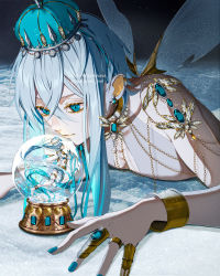 Rule 34 | 2girls, absurdres, artist name, asymmetrical legwear, blue eyes, blue hair, blue nails, bracelet, close-up, closed eyes, closed mouth, collarbone, commentary, crossed bangs, crown, crystal ball, cuffs, earrings, eyelashes, fairy, floating hair, gem, glass, glint, gold, hair between eyes, halo, highres, insect wings, jewelry, light blue hair, long hair, looking at object, lying, multiple girls, nail polish, neckerchief, nekoyama iori, night, on stomach, original, pendant, shackles, sidelocks, snow, snow globe, star (sky), symbol-only commentary, twitter username, wings