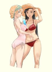 Rule 34 | 2girls, absurdres, arm up, beige background, bikini, black hair, blonde hair, blue eyes, braid, brown eyes, cocktail, commentary request, darjeeling (girls und panzer), french braid, frilled swimsuit, frills, girls und panzer, hand on another&#039;s waist, hat, headband, highres, long hair, looking at viewer, miki (tosaibom), multiple girls, nishi kinuyo, o-ring, o-ring bikini, one-piece swimsuit, open mouth, red bikini, standing, straw hat, swimsuit