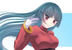 1girl blue_hair blunt_bangs bodysuit bodysuit_under_clothes breasts creatures_(company) crop_top cropped_jacket game_freak gloves hand_up highres jacket jyouka long_hair long_sleeves medium_breasts nintendo pokemon pokemon_frlg red_eyes red_jacket sabrina_(pokemon) smile solo turtleneck turtleneck_jacket upper_body white_gloves