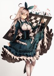 Rule 34 | 1girl, bad id, bad pixiv id, blonde hair, blue bow, blue dress, blue eyes, blue hairband, blue ribbon, bow, breasts, buttons, card, chessboard, commentary request, corset, dress, framed breasts, frilled dress, frills, gothic lolita, grey background, hair between eyes, hair bow, hairband, has bad revision, highres, holding, holding sword, holding weapon, lolita fashion, long hair, long sleeves, md5 mismatch, medium breasts, original, pantyhose, parted lips, puffy long sleeves, puffy sleeves, resolution mismatch, revision, ribbon, shirt, sidelocks, simple background, snm (sunimi), solo, source smaller, standing, sword, weapon, white pantyhose, white shirt