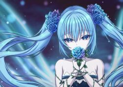 Rule 34 | 1girl, absurdres, assiette47, blue eyes, blue flower, blue hair, blue rose, blurry, blurry background, collarbone, commentary, english commentary, floating hair, flower, hair between eyes, hair flower, hair ornament, hatsune miku, highres, holding, holding flower, long hair, looking at viewer, paranoia (vocaloid), plant, rose, snowing, solo, strapless, twintails, upper body, very long hair, vines, vocaloid