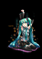 Rule 34 | 1girl, aqua eyes, aqua hair, armpits, arms up, bare shoulders, black background, caffein, character name, detached sleeves, full body, hatsune miku, headphones, highres, long hair, looking at viewer, necktie, open mouth, sitting, skirt, solo, stretching, thighhighs, twintails, very long hair, vocaloid, zettai ryouiki