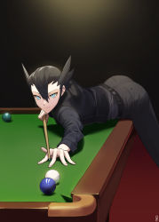 Rule 34 | 1boy, absurdres, alternate costume, bad id, bad twitter id, ball, belt, billiard ball, billiards, black hair, black shirt, blue eyes, closed mouth, commentary request, creatures (company), cue stick, game freak, grey pants, grimsley (pokemon), hair between eyes, highres, korean commentary, long sleeves, male focus, mongguri, nintendo, pants, pokemon, pokemon bw, pool table, shirt, short hair, smile, spiked hair, spread fingers, table