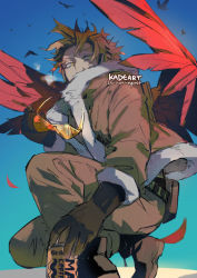 Rule 34 | 1boy, belt, belt pouch, bird, black gloves, black shirt, blonde hair, blouse, blue sky, boku no hero academia, bomber jacket, boots, breath, brown jacket, brown pants, can, coffee, costume, drink, facial mark, feathered wings, feathers, forked eyebrows, full body, fur-trimmed jacket, fur trim, gloves, hawks (boku no hero academia), headphones, holding, holding drink, holding removed eyewear, jacket, kadeart, long eyebrows, male focus, pants, pouch, red feathers, red wings, rimless eyewear, shirt, short hair, sky, solo, squatting, striped clothes, striped shirt, tight clothes, tight shirt, tinted eyewear, twitter username, unworn eyewear, wings, yellow eyes