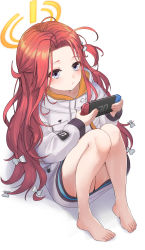 Rule 34 | 1girl, absurdres, barefoot, blue archive, blush, ca.f, closed mouth, coat, feet, full body, grey eyes, halo, handheld game console, highres, knees up, long hair, long sleeves, looking at viewer, one side up, parted bangs, playing games, red hair, simple background, sitting, solo, toes, white background, white coat, yuzu (blue archive)