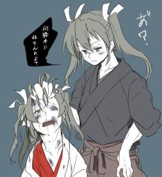 Rule 34 | 10s, 2girls, bad id, bad twitter id, bite mark, bleeding, blood, bruise, dual persona, gmgt (gggggg3), grabbing another&#039;s hair, hair ribbon, injury, japanese clothes, kantai collection, long hair, multiple girls, muneate, ribbon, translation request, twintails, zuikaku (kancolle)
