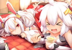 Rule 34 | &gt; &lt;, 2girls, animal ears, azur lane, blush, closed eyes, commentary request, fake animal ears, hairband, haribote (desk of coulomb), kotatsu, laffey (azur lane), long hair, looking at viewer, lying, multiple girls, on stomach, open mouth, rabbit ears, red eyes, table, twintails, under kotatsu, under table, universal bulin (azur lane), white hair