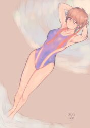 Rule 34 | 1girl, armpits, arms behind head, artist name, beach, breasts, brown eyes, brown hair, capcom, competition swimsuit, curvy, headband, highres, kasugano sakura, large breasts, legs, looking at viewer, one-piece swimsuit, solo, street fighter, swimsuit, thighs, tomboy, translation request