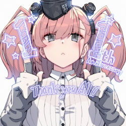 1girl :&lt; anniversary atlanta_(kancolle) black_hat blush breasts brown_hair dress_shirt earrings garrison_cap gloves grey_eyes hair_ornament hat index_fingers_raised jewelry kantai_collection large_breasts long_hair long_sleeves official_art partially_fingerless_gloves shirt shizuma_yoshinori simple_background single_earring solo star_(symbol) star_earrings thank_you two_side_up upper_body white_background white_shirt