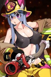 Rule 34 | 1girl, absurdres, animal ears, bongfill, breasts, cleavage, collarbone, covered erect nipples, firefighter, gloves, grey hair, highres, holding, holding hose, hose, large breasts, long hair, navel, original, pants, parted lips, purple eyes, rabbit ears, rabbit girl, solo, teeth, upper teeth only, white gloves, yellow pants