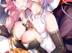 Rule 34 | 1boy, 1girl, aki663, bare shoulders, between breasts, black dress, black gloves, blue eyes, blush, braid, breasts, candy, cleavage, close-up, collar tug, cross, detached collar, dress, elbow gloves, erune, fangs, feower (granblue fantasy), food, formal, gloves, granblue fantasy, halloween, incest, jacket, large breasts, licking, long hair, looking at another, nun, open mouth, pink hair, purple hair, suit, tien (granblue fantasy), tongue, tongue out, vampire, very long hair