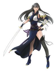 Rule 34 | 1girl, ankle boots, armor, asymmetrical gloves, ayra (fire emblem), black hair, black thighhighs, blue footwear, blue gloves, boots, bracelet, bridal gauntlets, detached sleeves, fire emblem, fire emblem: genealogy of the holy war, full body, gloves, grey eyes, hand on own hip, highres, jewelry, john dimayuga, long hair, long legs, mismatched gloves, muneate, nintendo, pauldrons, sash, scabbard, sheath, shoulder armor, side slit, signature, single sleeve, single thighhigh, solo, sword, thighhighs, unsheathed, vambraces, weapon, white background