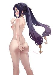 Rule 34 | 1girl, ass, back, black hair, blush, breasts, closed mouth, completely nude, earrings, esencey, genshin impact, green eyes, hair ornament, hand up, highres, jewelry, long hair, looking back, medium breasts, mona (genshin impact), nipples, nude, purple hair, simple background, solo, star (symbol), star earrings, sweat, tears, twintails, wet, white background