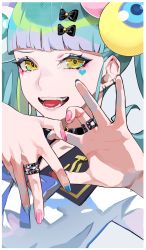 Rule 34 | 1girl, :d, black bow, blue bow, blue nails, bow, commentary request, copyright request, facial mark, fangs, green eyes, grey background, grey hair, hair bow, hands up, heart, highres, indie virtual youtuber, jewelry, lam (ramdayo), long hair, looking at viewer, multicolored nails, nail polish, open mouth, pink nails, ring, shirt, simple background, smile, solo, upper body, vavkas, virtual youtuber, white shirt, yellow eyes