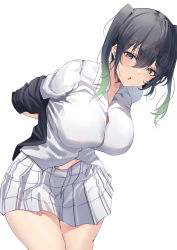 Rule 34 | 1girl, :o, absurdres, aqua eyes, black hair, black jacket, blouse, blush, breasts, collared shirt, commentary, commentary request, cowboy shot, gradient hair, green hair, hair between eyes, highres, jacket, large breasts, long sleeves, looking at viewer, love live!, love live! nijigasaki high school idol club, medium hair, multicolored hair, namazu (yamasonson), open mouth, shirt, simple background, skirt, solo, takasaki yu, thighs, white background, white shirt, white skirt