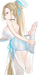 Rule 34 | 1girl, asuna (blue archive), bare back, bare shoulders, black choker, blonde hair, blue archive, blue eyes, blue ribbon, blue skirt, breasts, camisole, choker, commentary, hair ribbon, haruri, highres, large breasts, long hair, looking at viewer, pants, pantyhose, ribbon, skindentation, skirt, smile, solo, spaghetti strap, standing, thighs, very long hair, white pantyhose