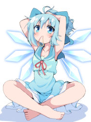 Rule 34 | 1girl, absurdres, adapted costume, arms up, barefoot, blue bow, blue eyes, blue hair, bow, cirno, collarbone, crossed legs, do (4-rt), dress, eyes visible through hair, full body, hair bow, hair tie in mouth, highres, ice, ice wings, looking at viewer, mouth hold, sailor dress, short hair, simple background, sitting, sleeveless, sleeveless dress, solo, touhou, white background, wings