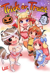 Rule 34 | 4girls, ahoge, animal ear fluff, animal ears, apron, arm up, arms up, bandages, bandages, basket, bat hair ornament, belt, bikini, black legwear, blonde hair, bloomers, blue dress, blue eyes, blue footwear, bow, breasts, brown dress, brown eyes, brown footwear, brown hair, cat ears, child, china dress, chinese clothes, claw pose, cleavage, clothes lift, commentary request, demon wings, dog ears, dog tail, dress, dress lift, eru (lee), facial mark, fake horns, fang, fangs, flat chest, fox ears, fox tail, full body, ghost, gloves, hair bow, hair ornament, hairband, hairclip, halloween, halloween costume, heart, horns, jack-o&#039;-lantern, jiangshi, komugi (lee), large breasts, lee (colt), long hair, mary janes, miku (lee), momo (lee), multiple girls, naked bandage, navel, ofuda, one eye closed, open mouth, original, pink hair, pumpkin, raccoon ears, raccoon tail, red bikini, red footwear, red gloves, ribbon, shoes, short dress, short hair, smile, standing, standing on one leg, swimsuit, tail, thighhighs, trick or treat, underwear, v, waving, white apron, wings