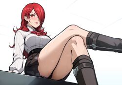 Rule 34 | arm support, black footwear, black skirt, blush, boots, breasts, closed mouth, collared shirt, crossed legs, feet out of frame, hair over one eye, kirijou mitsuru, knee boots, large breasts, lepypepy, lips, long sleeves, looking at viewer, persona, persona 3, red eyes, red hair, shirt, shirt tucked in, skirt, sweat, thighs, white shirt