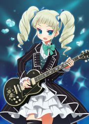 Rule 34 | 10s, 1girl, 9law, :d, aikatsu!, aikatsu! (series), aqua eyes, bad id, bad pixiv id, belt, blonde hair, bow, bowtie, dress, drill hair, fang, frills, gibson, guitar, hair ribbon, heart, instrument, jacket, gibson les paul, long hair, music, open mouth, pinstripe pattern, playing instrument, ribbon, smile, solo, sparkle, striped, thigh strap, todo yurika, twin drills, twintails