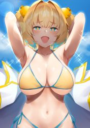 Rule 34 | 1girl, :d, armpits, arms up, bare arms, bare shoulders, bikini, blonde hair, blue eyes, blue hair, blue sky, bombergirl, breasts, cleavage, collarbone, commentary request, cowboy shot, day, fangs, hair intakes, hair ornament, halterneck, halterneck, highleg, highleg bikini, highres, large breasts, lens flare, long hair, looking at viewer, medium hair, multicolored hair, navel, open mouth, outdoors, pine (bombergirl), side-tie bikini bottom, sky, smile, solo, sparkle, stomach, strap gap, string bikini, swimsuit, symbol-shaped pupils, twintails, two-tone hair, upper body, usa b, yellow bikini