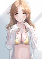 Rule 34 | 1girl, :o, absurdres, blush, bra, breasts, cleavage, collarbone, commentary, highres, ichikawa hinana, idolmaster, idolmaster shiny colors, light brown hair, looking at viewer, medium breasts, navel, open clothes, open shirt, parted bangs, see-through, see-through shirt, shirt, sikimosh, solo, underwear, upper body, white shirt, yellow bra
