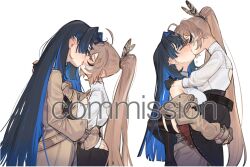Rule 34 | 2girls, ahoge, blue hair, blush, brown hair, closed eyes, commentary, commission, cowboy shot, english commentary, eus ing, french kiss, gloves, hololive, hololive english, kiss, lifting person, long hair, long sleeves, multiple girls, multiple views, nanashi mumei, ouro kronii, ouro kronii (casual), ponytail, simple background, thighhighs, very long hair, virtual youtuber, white background