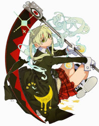 Rule 34 | 1girl, absurdres, blonde hair, closed mouth, crescent, daruma owl, gloves, green eyes, green necktie, highres, holding, holding weapon, long hair, long sleeves, maka albarn, necktie, plaid, plaid skirt, red skirt, scythe, signature, sitting, skirt, solo, soul eater, sparkle, star (symbol), striped necktie, striped neckwear, twintails, weapon, white gloves
