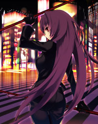 Rule 34 | 1girl, black jacket, breasts, city, city lights, cityscape, dual wielding, fate/grand order, fate (series), formal, gae bolg (fate), gloves, highres, holding, holding weapon, jacket, long hair, long sleeves, polearm, purple hair, red eyes, road, scathach (fate), scathach (fate), solo, spear, street, suit, weapon