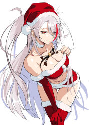 Rule 34 | 1girl, absurdres, azur lane, bare shoulders, bent over, breasts, christmas, cleavage, closed mouth, collarbone, elbow gloves, eyes visible through hair, gloves, hair over one eye, hand on own knee, hat, highres, large breasts, lips, long hair, looking at viewer, miniskirt, multicolored hair, navel, nukege ojisan, orange eyes, prinz eugen (azur lane), red gloves, red hair, red skirt, santa costume, santa hat, seductive smile, simple background, sketch, skirt, smile, solo, stomach, streaked hair, swept bangs, two side up, white background, white hair