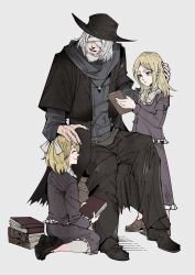 Rule 34 | 1boy, 2girls, bandages, beard, black headwear, blonde hair, bloodborne, blue eyes, closed eyes, facial hair, father and daughter, father gascoigne, herheim, highres, jewelry, medium hair, mixed-language commentary, multiple girls, necklace, pile of books, short hair, simple background, smile, teeth, white background, white hair, young yharnam girl (bloodborne)