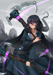 Rule 34 | 1girl, adsouto, aged down, artist name, belt, black hair, blue dress, blush, breasts, broken moon, cape, cleavage, cloak, closed mouth, cloud, cloudy sky, collarbone, commentary, dark-skinned female, dark skin, dress, dual wielding, english commentary, facing viewer, glowing, glowing eyes, grey eyes, hair between eyes, happy, highres, holding, holding scythe, holding sickle, holding weapon, hood, hood down, jewelry, large breasts, long sleeves, looking at viewer, maria calavera, moon, mountain, necklace, open mouth, outdoors, rock, rwby, scythe, short hair, sickle, skull, sky, smile, smirk, solo, standing, weapon
