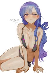 Rule 34 | 1girl, absurdres, aged up, areola slip, asari nanami, bare shoulders, bikini, blue eyes, blue hair, blush, breasts, cleavage, collarbone, fish hair ornament, hair ornament, hair rings, highres, idolmaster, idolmaster cinderella girls, large breasts, long hair, looking at viewer, simple background, solo, suisogenshi, swimsuit, very long hair