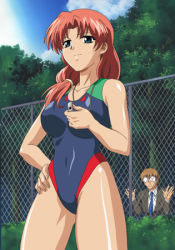 Rule 34 | 00s, 1boy, 1girl, against fence, aqua eyes, blue one-piece swimsuit, breasts, brown hair, bush, chain-link fence, cloud, competition swimsuit, covered navel, cowboy shot, day, fence, formal, glasses, green eyes, hair over shoulder, hand on own hip, hip focus, holding, jewelry, kijima mayumi, large breasts, light smile, long hair, looking afar, lowres, mejoku, mejoku~fukushuu gakuen~, necklace, necktie, one-piece swimsuit, opaque glasses, orange hair, outdoors, parted bangs, peeking, plant, ponytail, red hair, saruwatari joutarou, screencap, scrunchie, shiny skin, short hair, sky, smile, solo focus, standing, suit, swimsuit, teacher, tree, watching, whistle