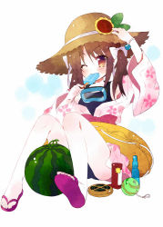 Rule 34 | 1girl, blush, brown hair, eating, food, fruit, full body, goggles, goggles around neck, hair ribbon, hand on headwear, hat, innertube, japanese clothes, kimono, meito (maze), one-piece swimsuit, one eye closed, original, pink kimono, popsicle, ribbon, sandals, simple background, sitting, solo, straw hat, swim ring, swimsuit, twintails, watermelon, white background, wink, yukata