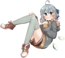 Rule 34 | 1girl, ahoge, alternate costume, amonitto, bow, casual, cirno, contemporary, green eyes, grey thighhighs, grin, hair bow, hood, hooded jacket, ice, ice wings, jacket, looking at viewer, over-kneehighs, shorts, silver hair, smile, solo, thighhighs, touhou, wings, winter clothes, zettai ryouiki