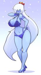 Rule 34 | 1girl, adventure time, bikini, blue background, blue bikini, blue blush, blue footwear, blue skin, blush, breasts, choker, cleavage, collar, colored skin, crown, full body, genderswap, genderswap (mtf), high heels, highres, ice queen (adventure time), jewelry, large breasts, long eyebrows, long hair, looking at viewer, mole, mole on breast, movail2, narrow waist, navel, necklace, no nose, no socks, open shoes, sarong, simple background, strap gap, swimsuit, underboob, very long hair, white hair