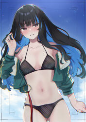 Rule 34 | 1girl, absurdres, bare shoulders, bikini, black bikini, black hair, blue hair, blush, breasts, colored inner hair, dutch angle, fate/grand order, fate (series), green sweater, grey eyes, highres, kojima takeshi, looking at viewer, multicolored hair, small breasts, smile, solo, sweater, swimsuit, tenochtitlan (fate), tenochtitlan (second ascension) (fate), two-tone hair